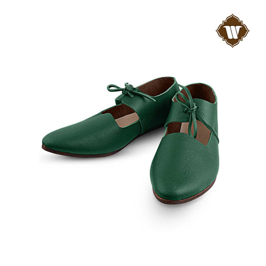Westland Crafts Medieval Green Renaissance Latchet Shoes Handcrafted 15th Century Leather Footwear for Women, Authentic Historical Attire