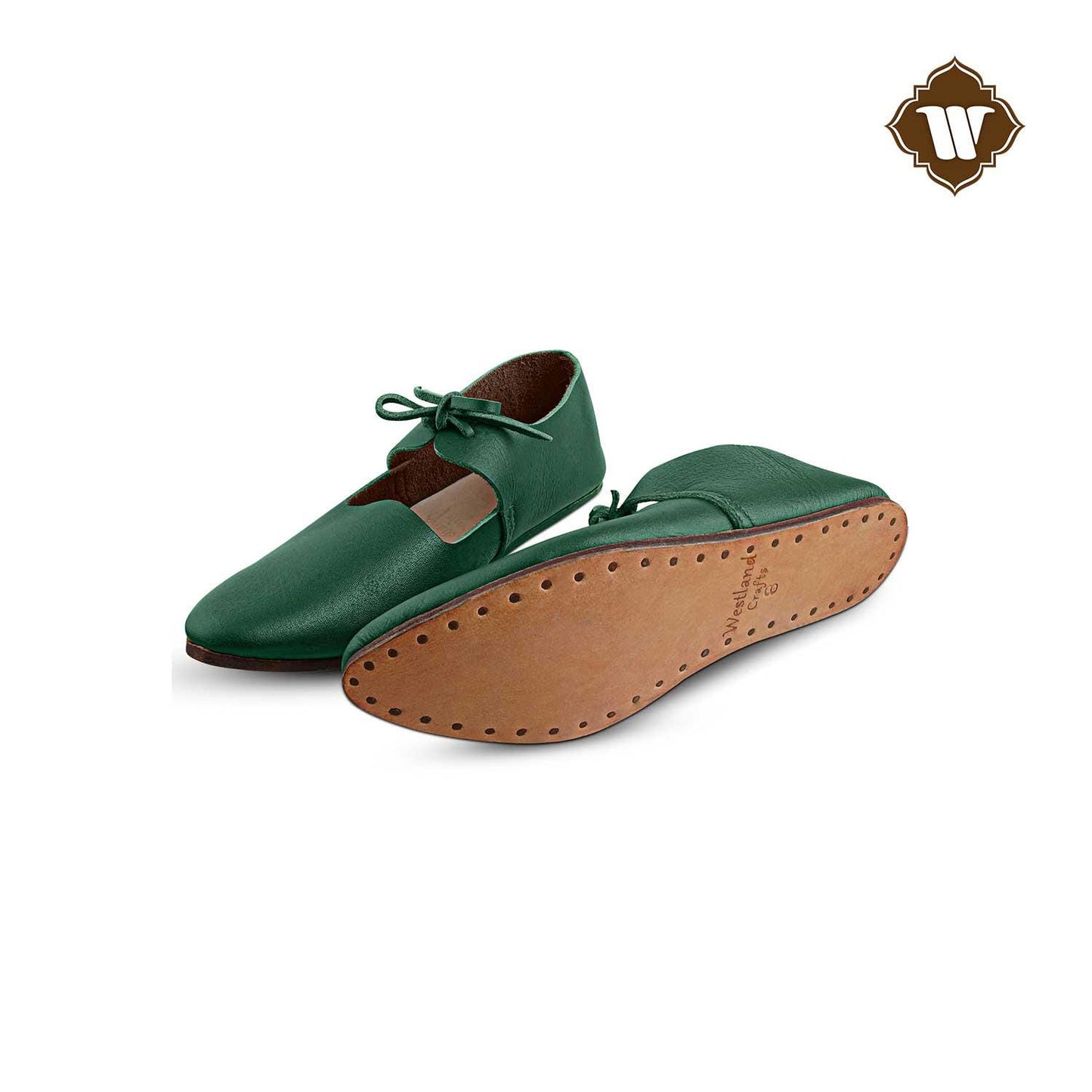 Westland Crafts Medieval Green Renaissance Latchet Shoes Handcrafted 15th Century Leather Footwear for Women, Authentic Historical Attire