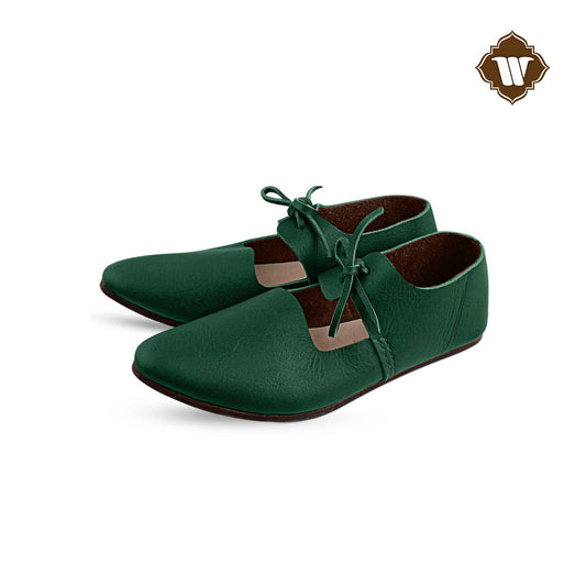 Westland Crafts Medieval Green Renaissance Latchet Shoes Handcrafted 15th Century Leather Footwear for Women, Authentic Historical Attire
